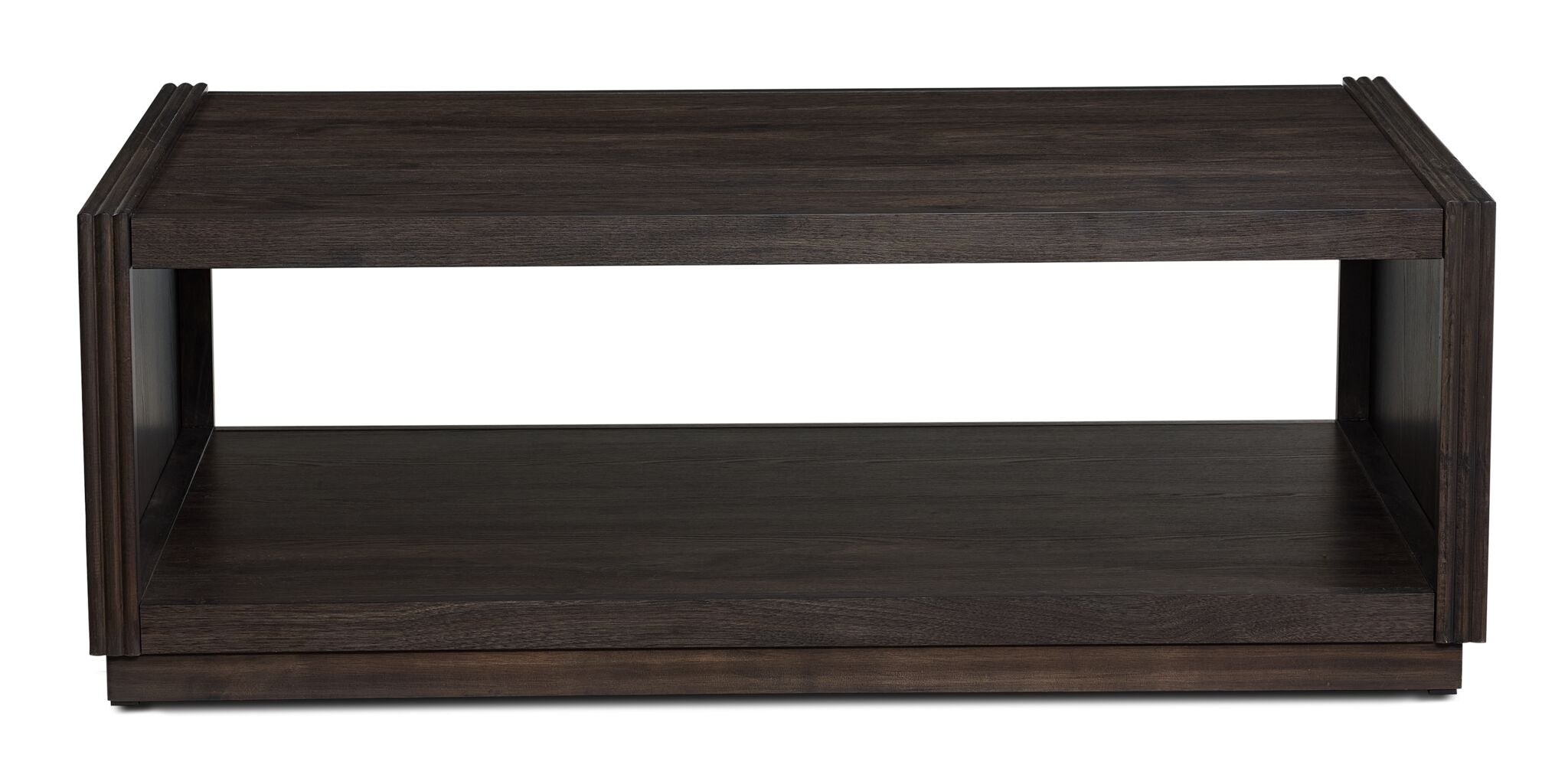 Modern Edge dark grey coffee table with reeded pilasters, plinth-style base and front view