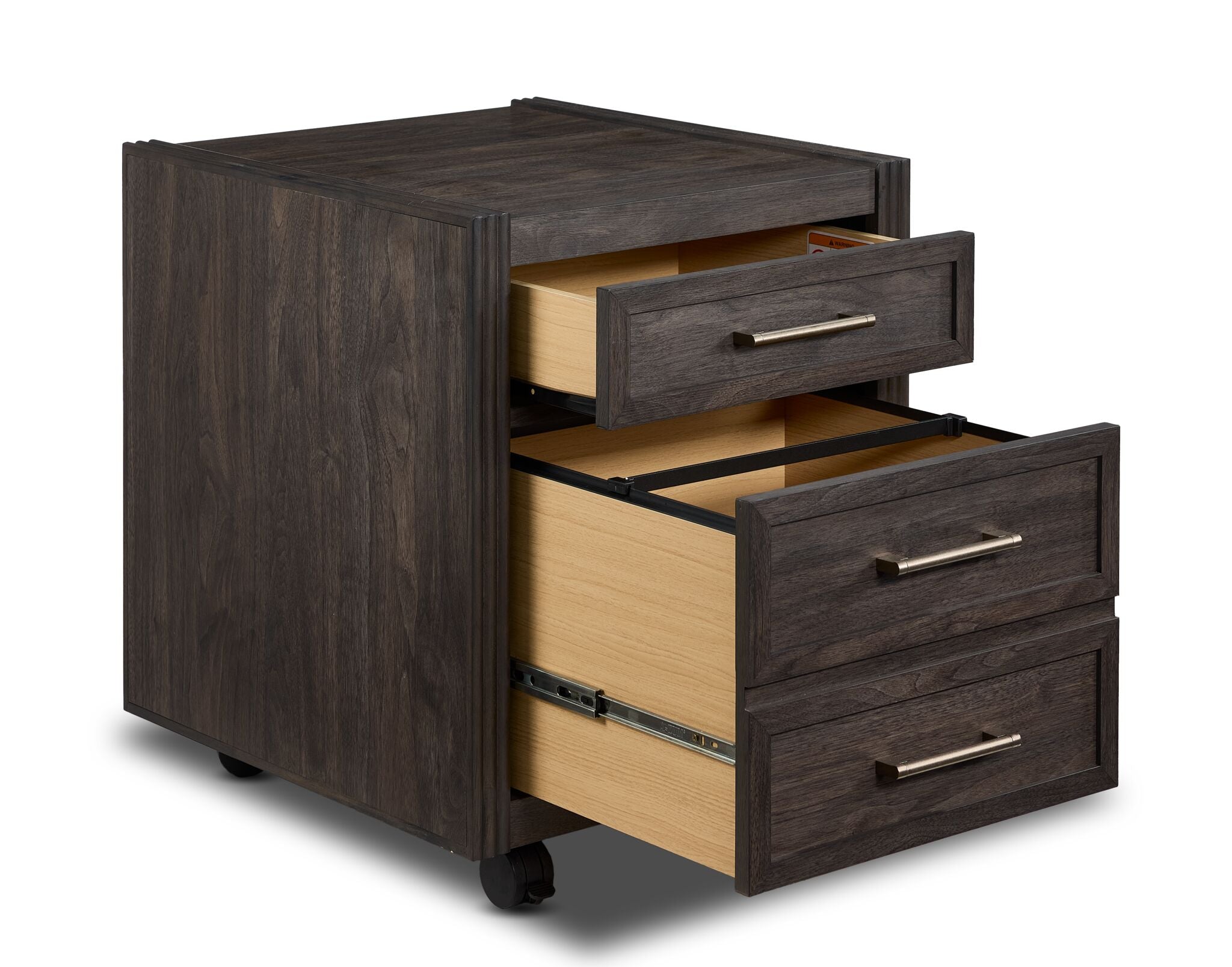 Modern Edge filing cabinet in dark grey with smooth-rolling casters and reeded frame detail