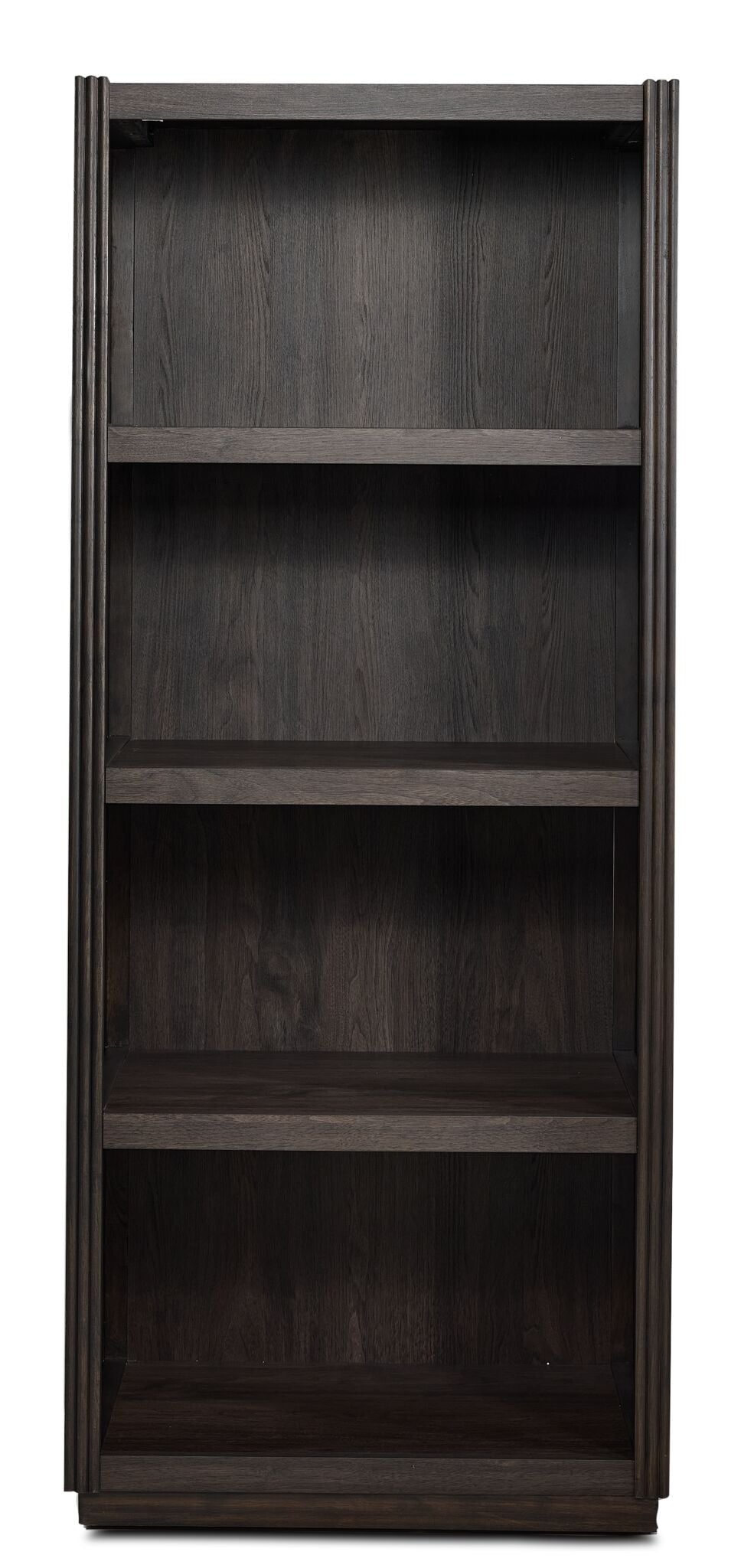 Modern Edge dark grey bookcase with raised block base, open shelves and front view