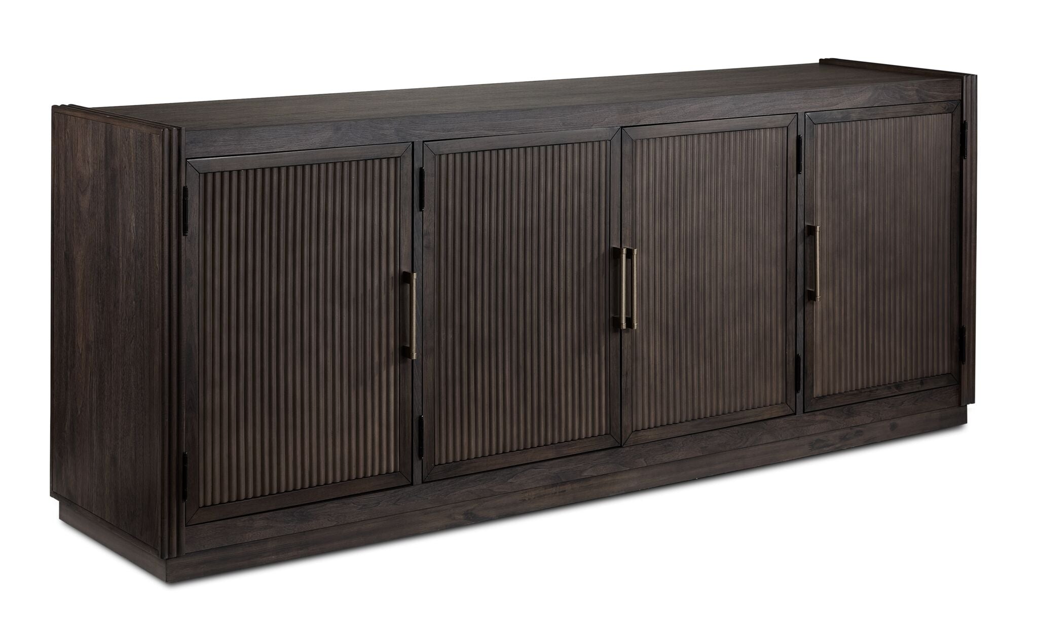 Modern Edge 77-inch dark grey TV console with adjustable shelves and wide picture frame moulding
