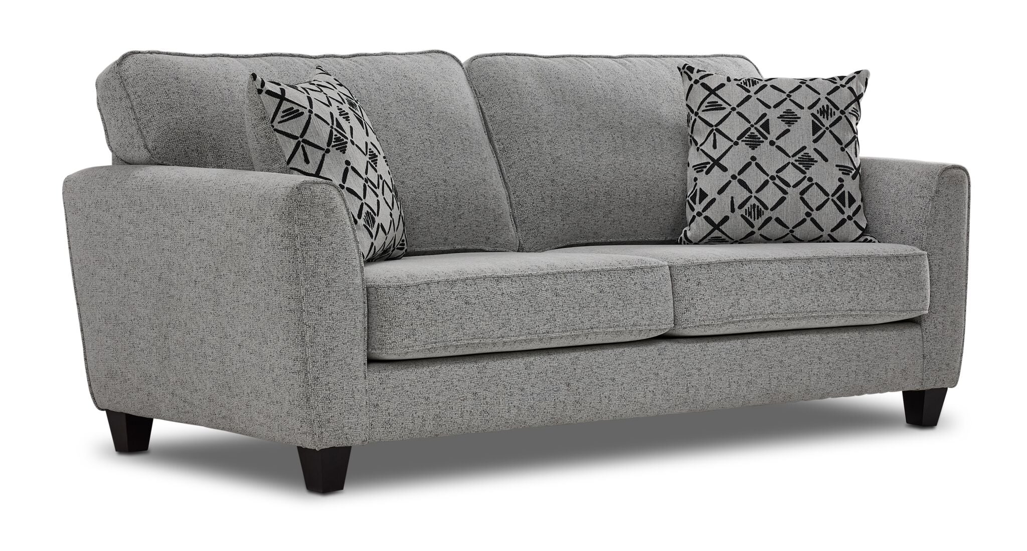 Moncton light grey sofa with two seat cushions, flared arms, dark tapered legs and angled front view
