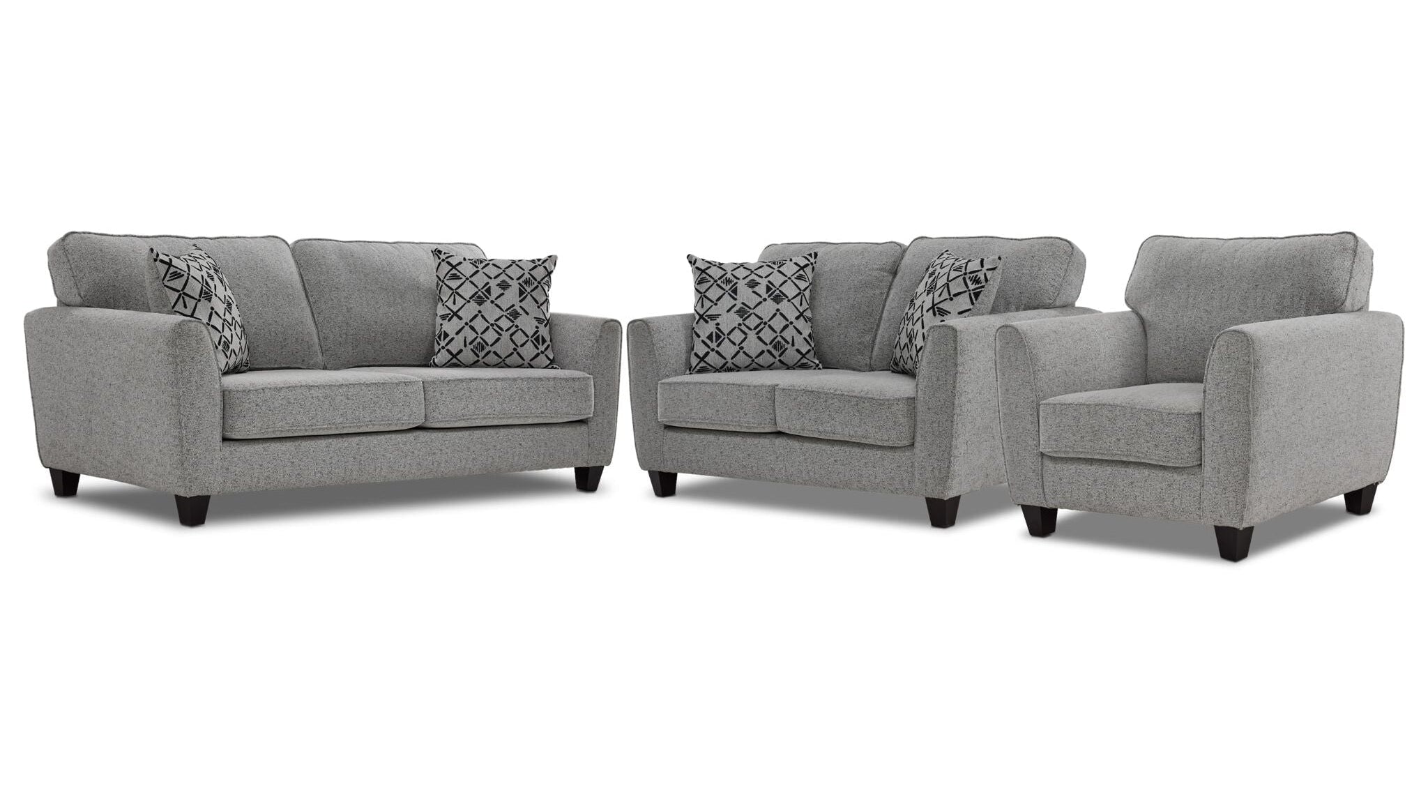 Moncton light grey sofa, loveseat and chair set with flared arms, dark tapered legs and accent pillows
