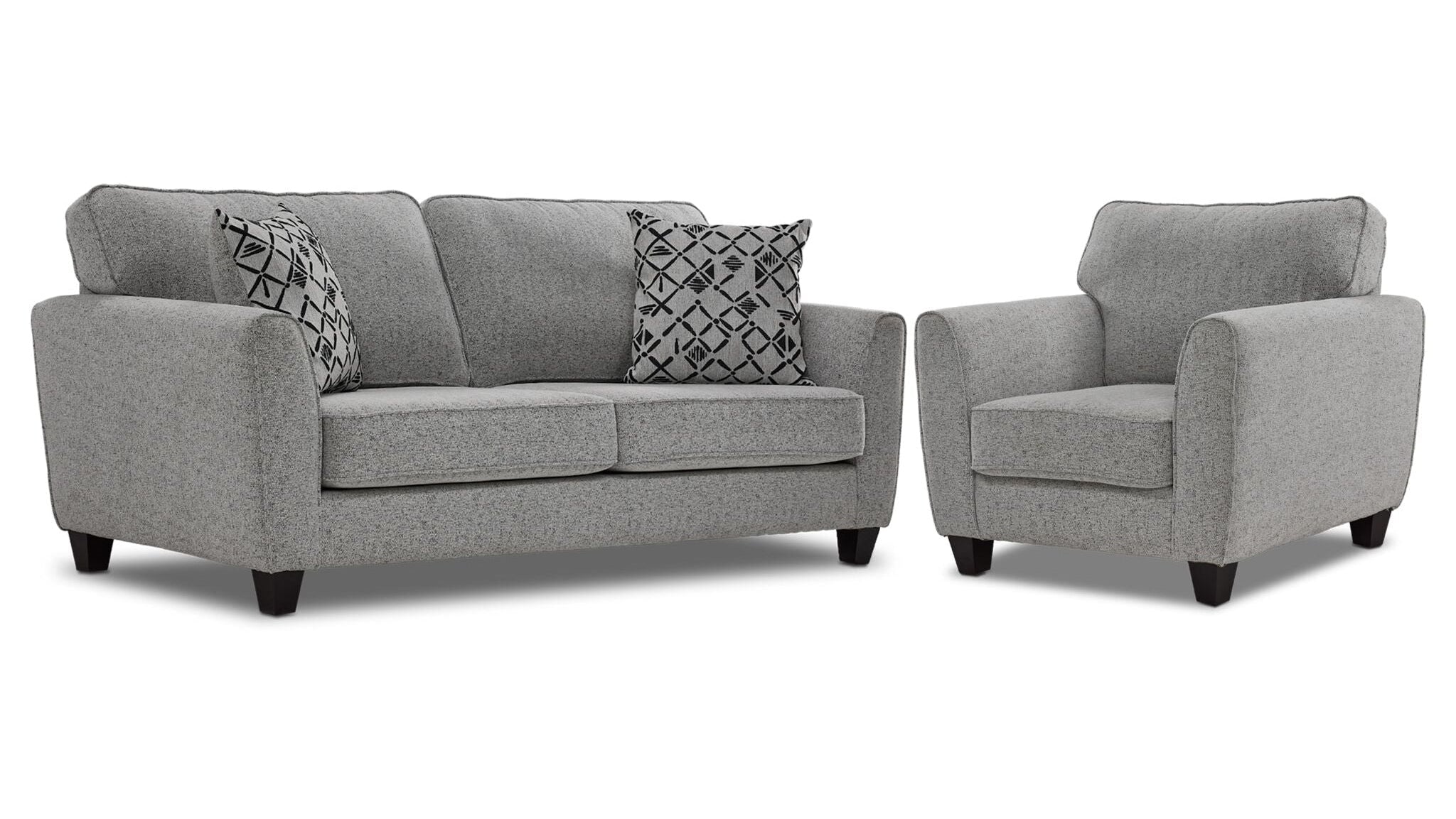 Moncton light grey sofa and chair set with flared arms, dark tapered legs and accent pillows