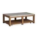 Plum Creek 52-inch Sierra Brown coffee table with marble top and lower fixed shelf