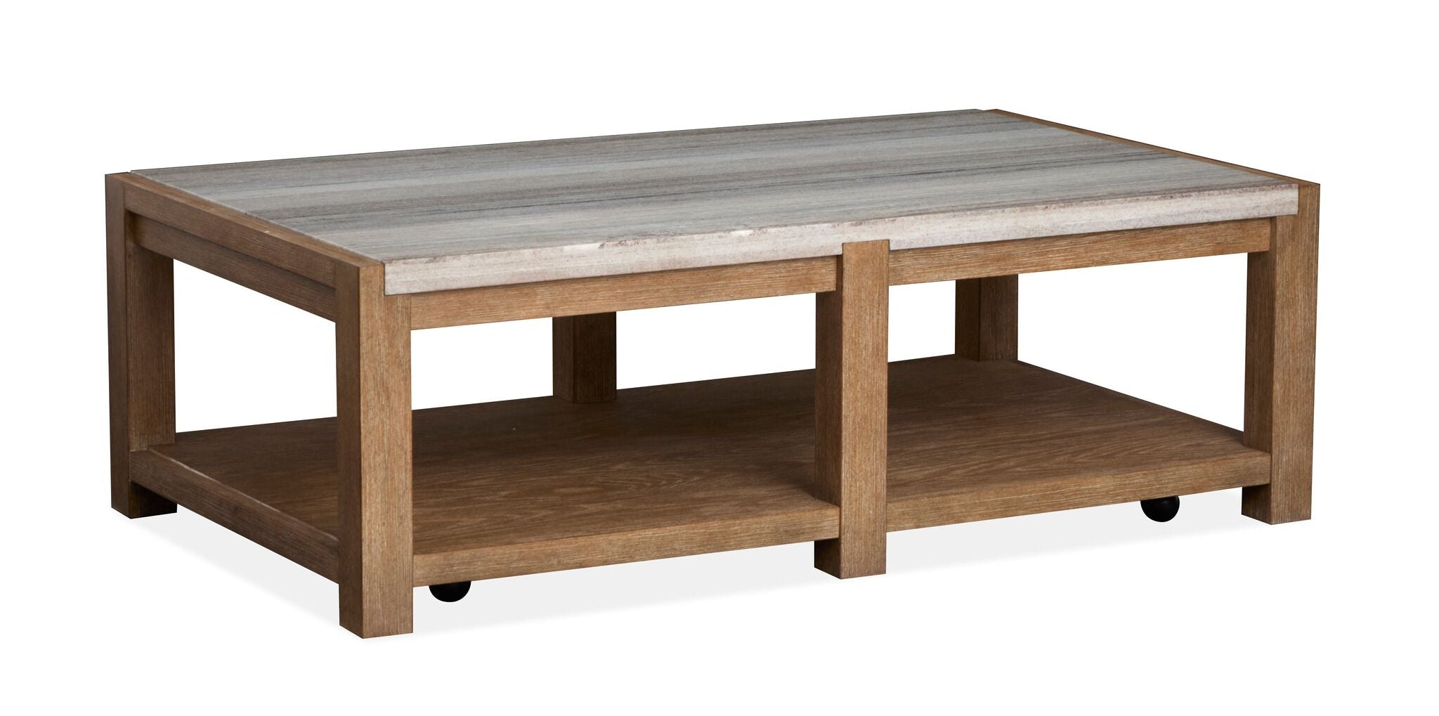 Plum Creek 52-inch Sierra Brown coffee table with marble top and lower fixed shelf