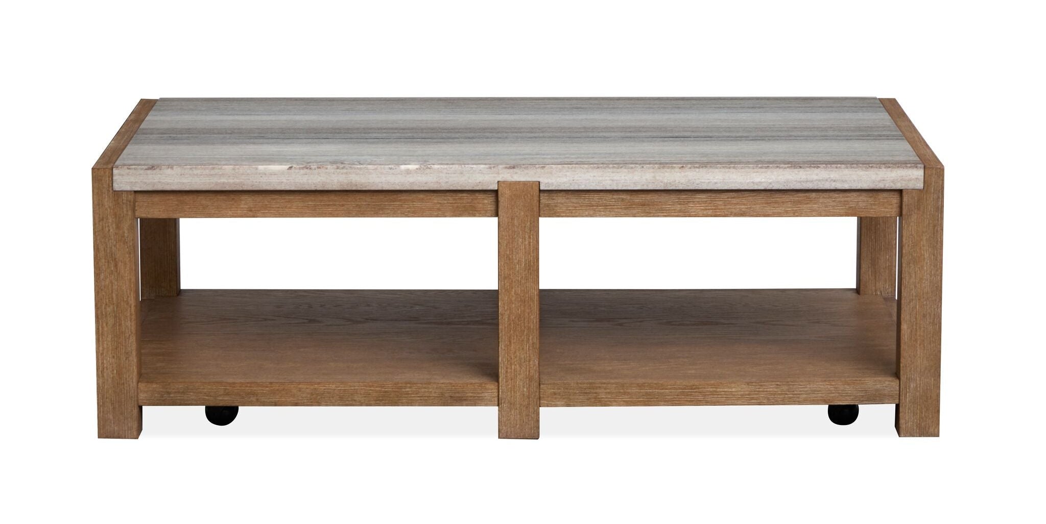 Plum Creek marble top coffee table with Sierra Brown wood base and open shelf