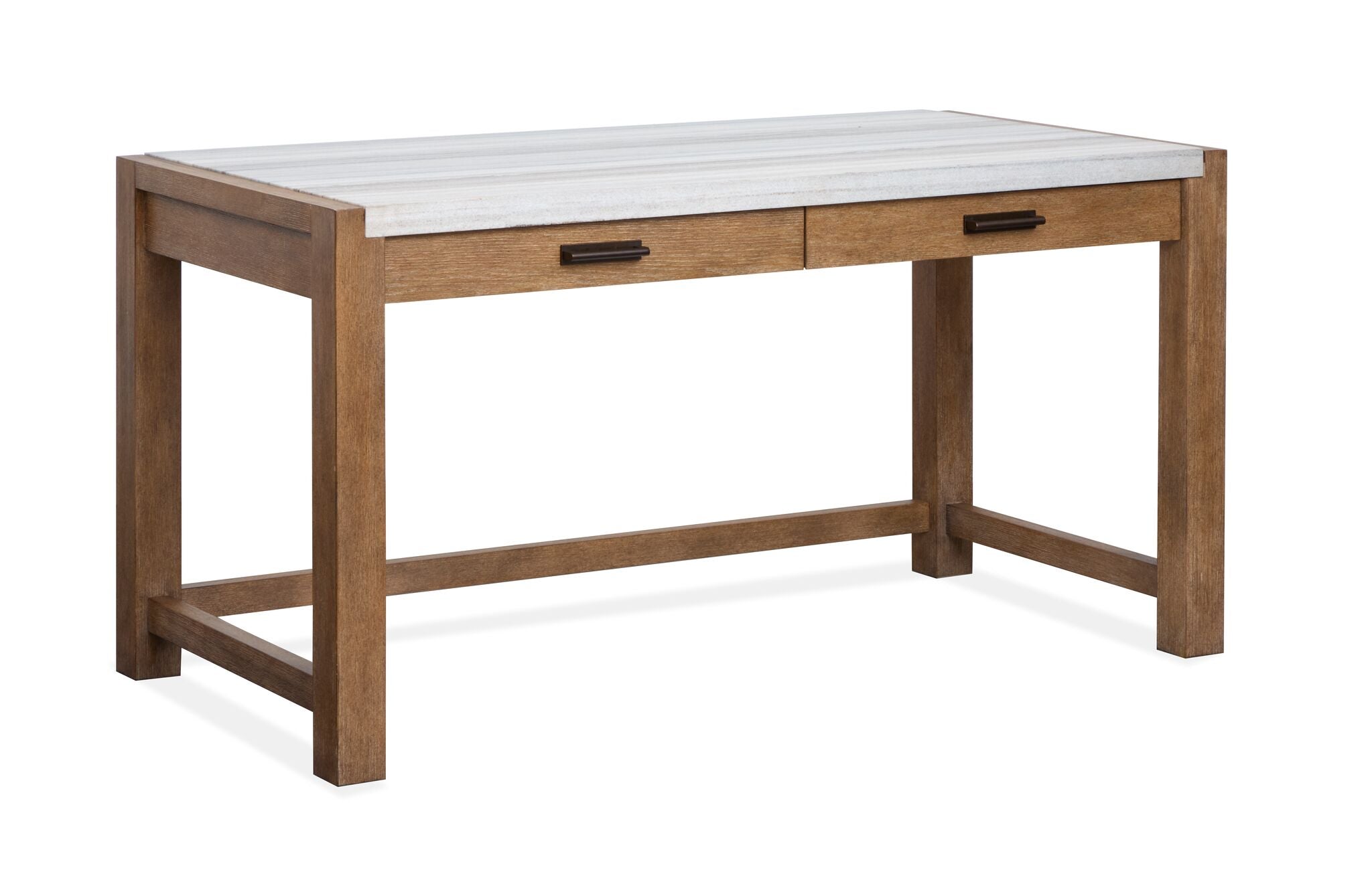 Plum Creek marble top writing desk with Sierra Brown wood finish, drawers and broad work surface