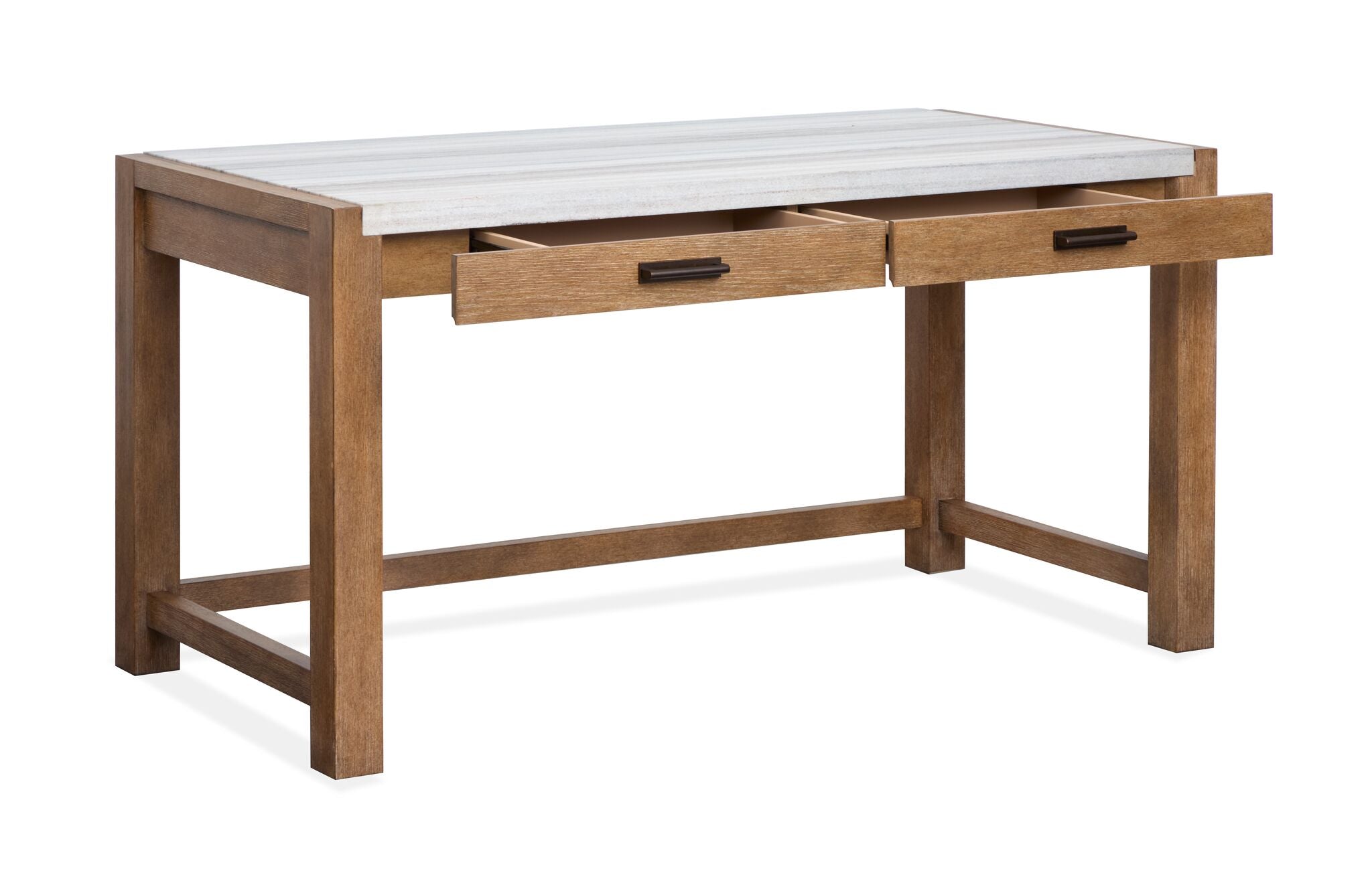 Plum Creek writing desk detail view showing Sierra Brown wood grain, drawer fronts and oil-rubbed bronze hardware