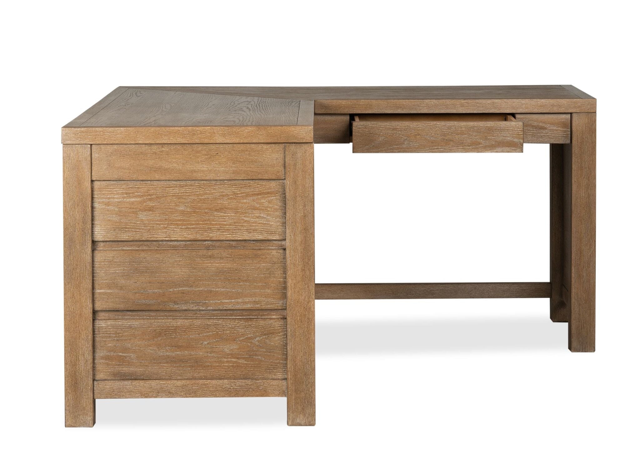 Plum Creek corner desk detail view showing Sierra Brown wood grain, drawer fronts and oil-rubbed bronze hardware