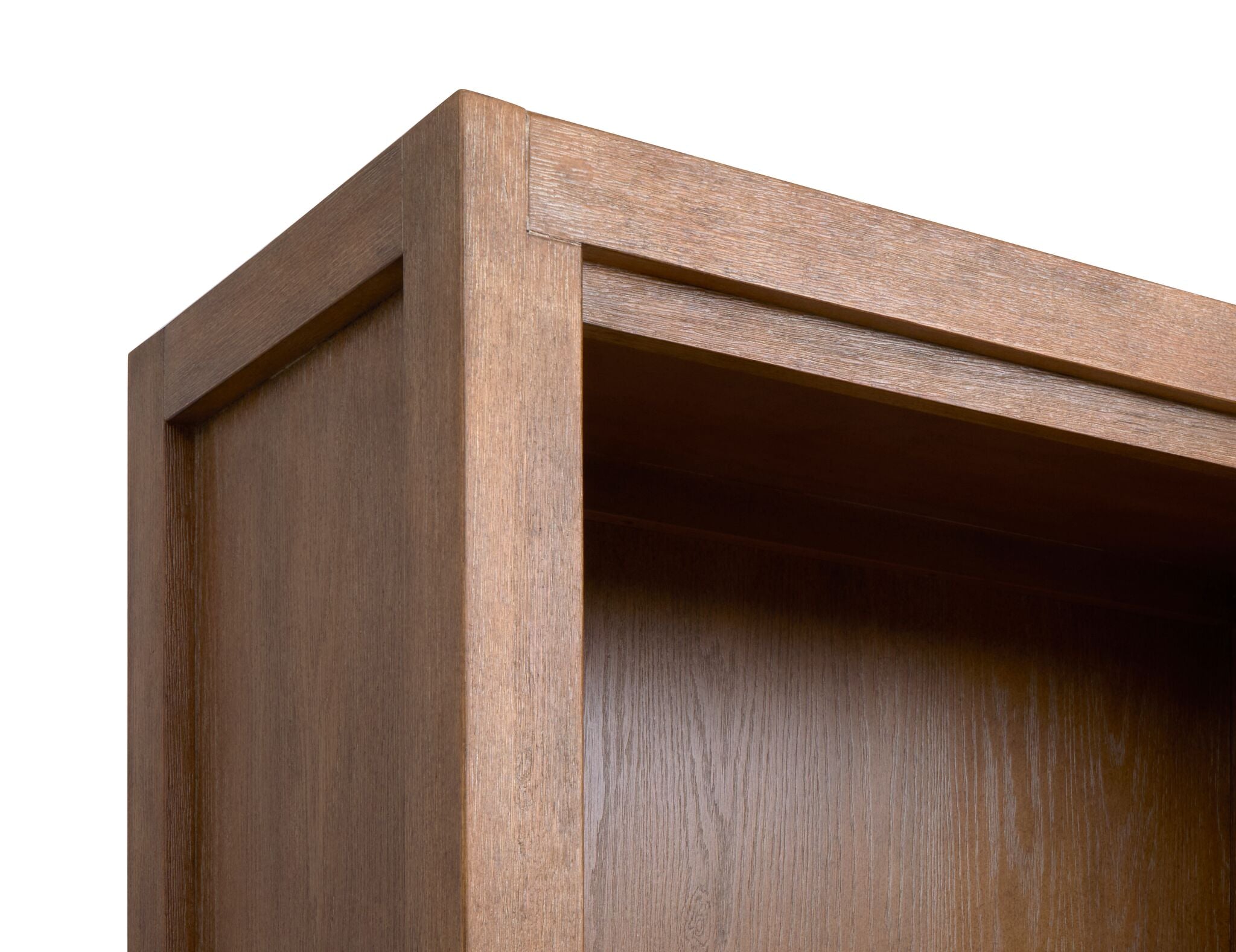 Plum Creek open bookcase detail view showing Sierra Brown wood grain, side panel and shelf construction