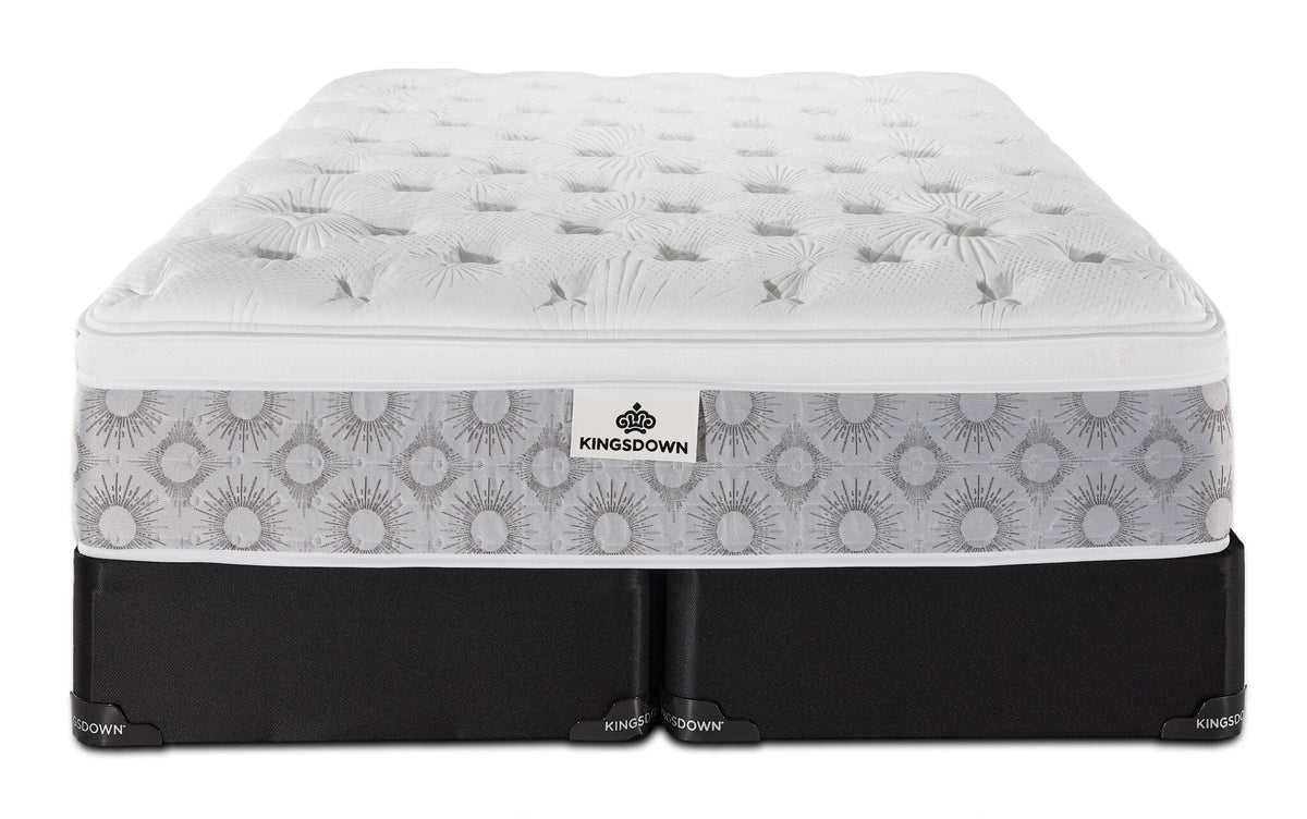 Front view of the Kingsdown Quinlan Plush Euro Top king mattress with two black split boxsprings