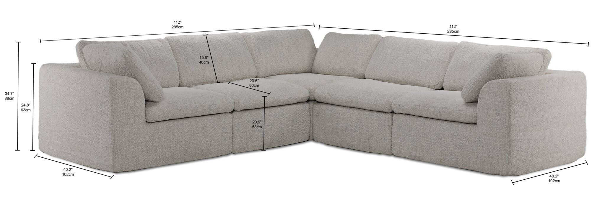 Bliss beige 5-piece boneless sectional dimensions: 112 by 112 inches, 40.2 inches deep and 34.7 inches high