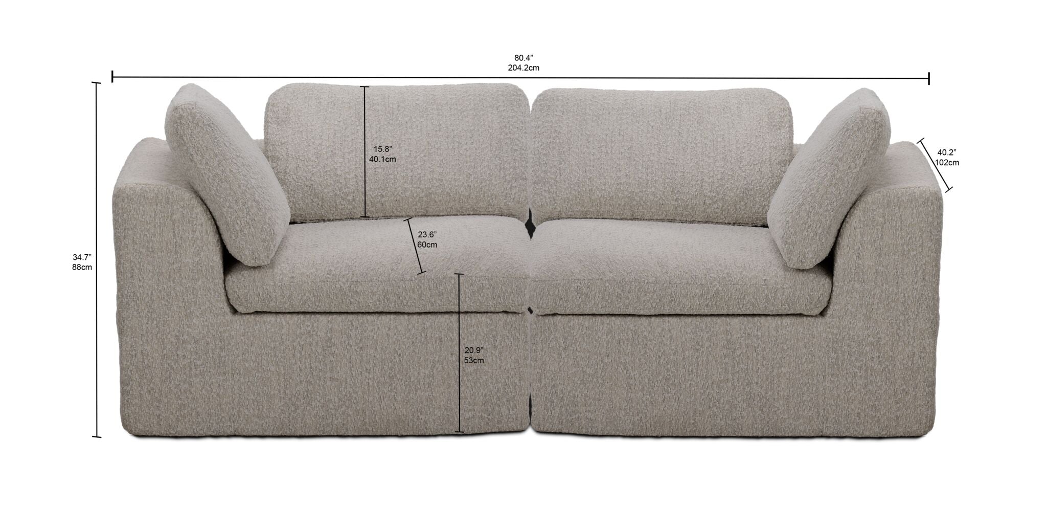 Bliss beige modular loveseat dimensions: 80.4 inches wide, 40.2 inches deep and 34.7 inches high