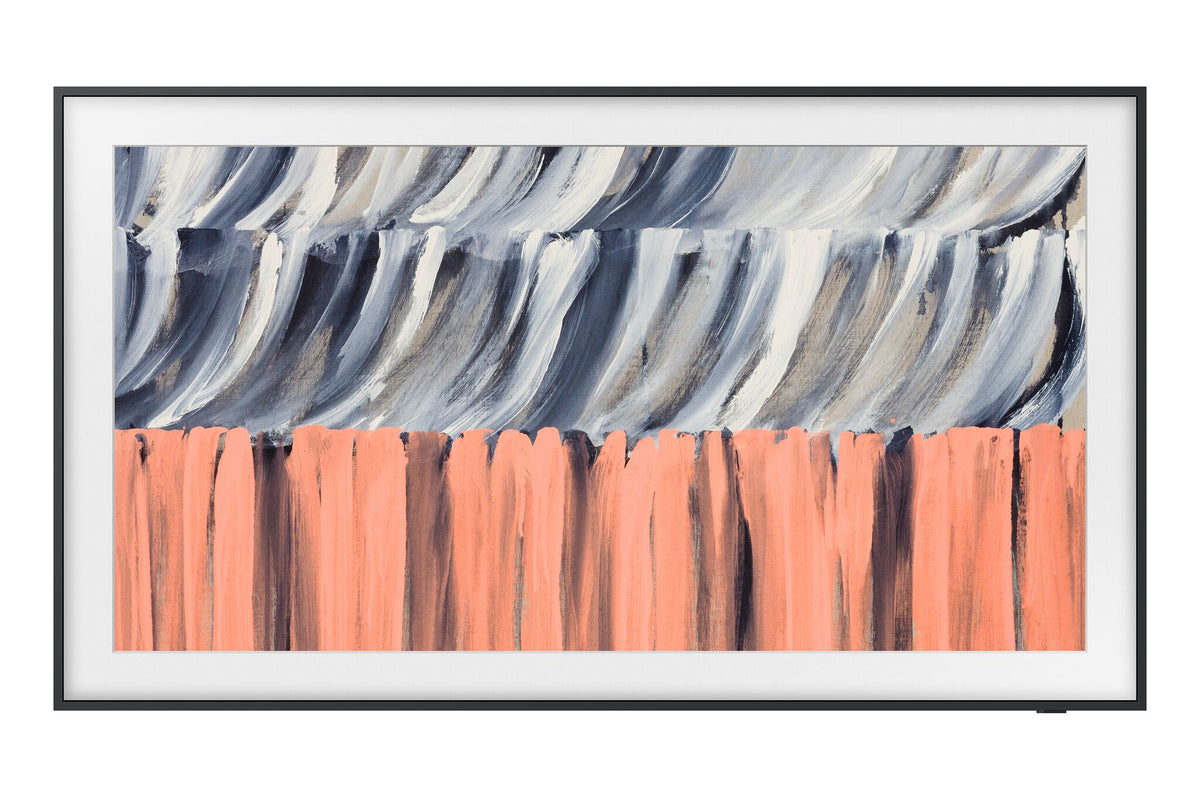 Front view of Samsung 85-inch The Frame LS03HE Smart TV with slim black frame and white mat-style border surrounding abstract artwork