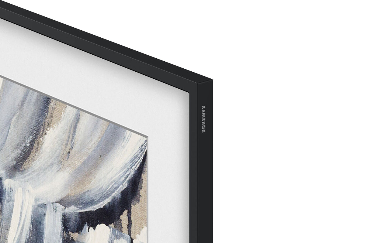 Close-up of Samsung 75-inch The Frame LS03HE Smart TV showing the slim black bezel, Samsung logo and white mat-style Art Mode display