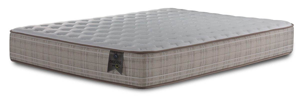 Origins by Serta Tradition Twin firm mattress with white quilted tight top and beige patterned sides