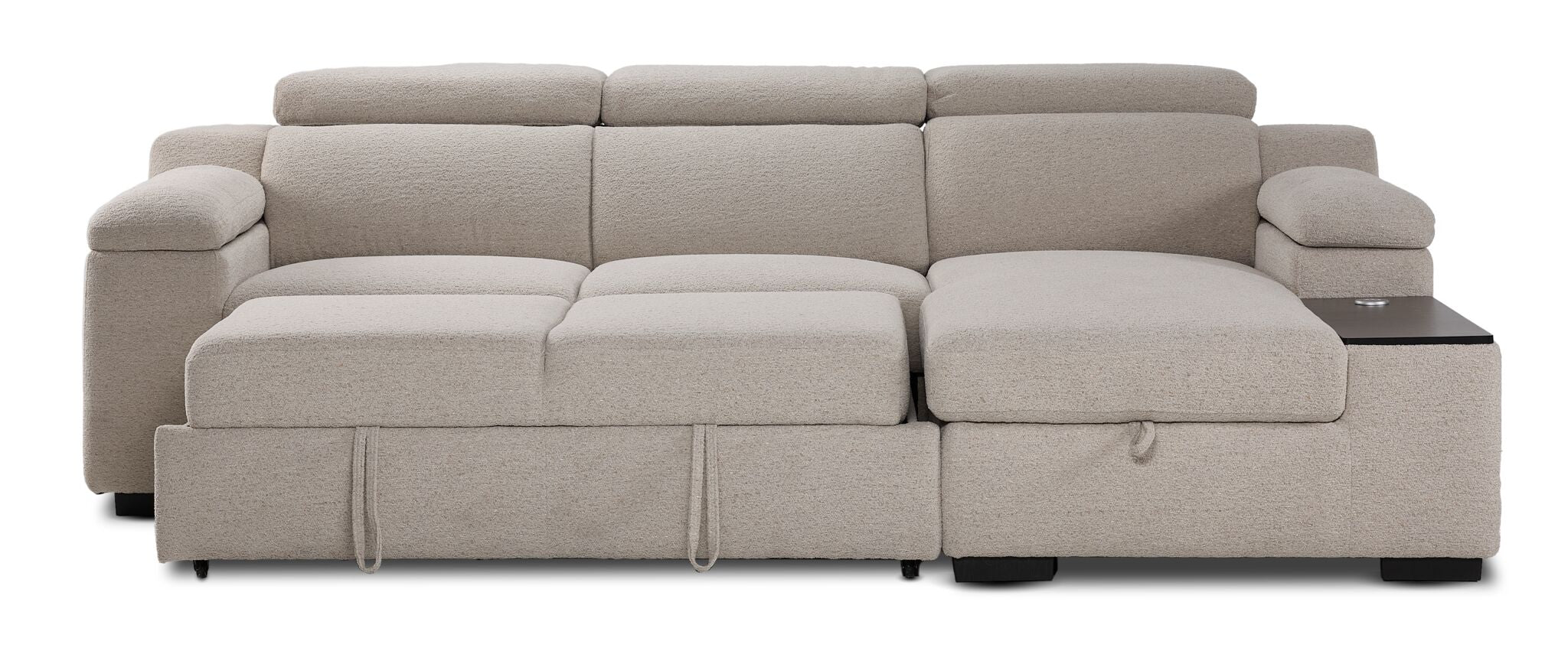 Front view of Slayden left-facing taupe sectional with pull-out pop-up bed extended beside the chaise