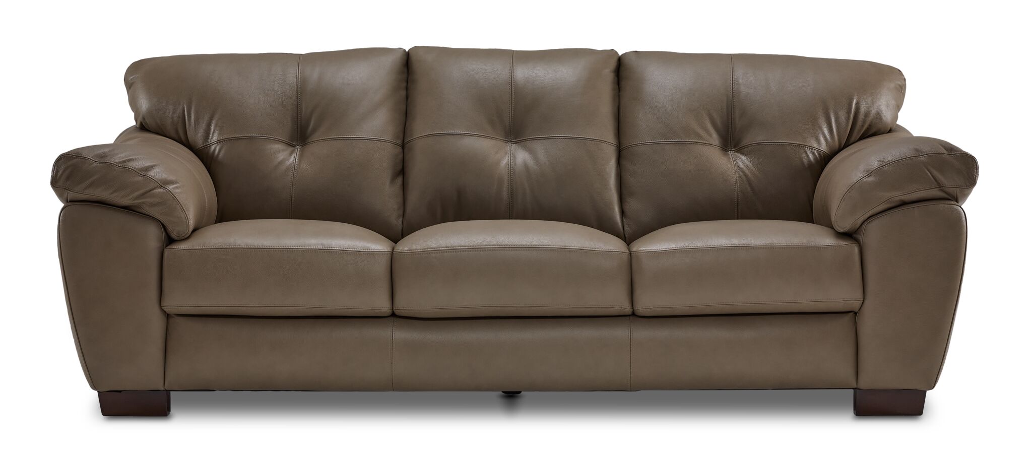 Sloan II chocolate leather sofa with clean contemporary shape, padded arms and front view