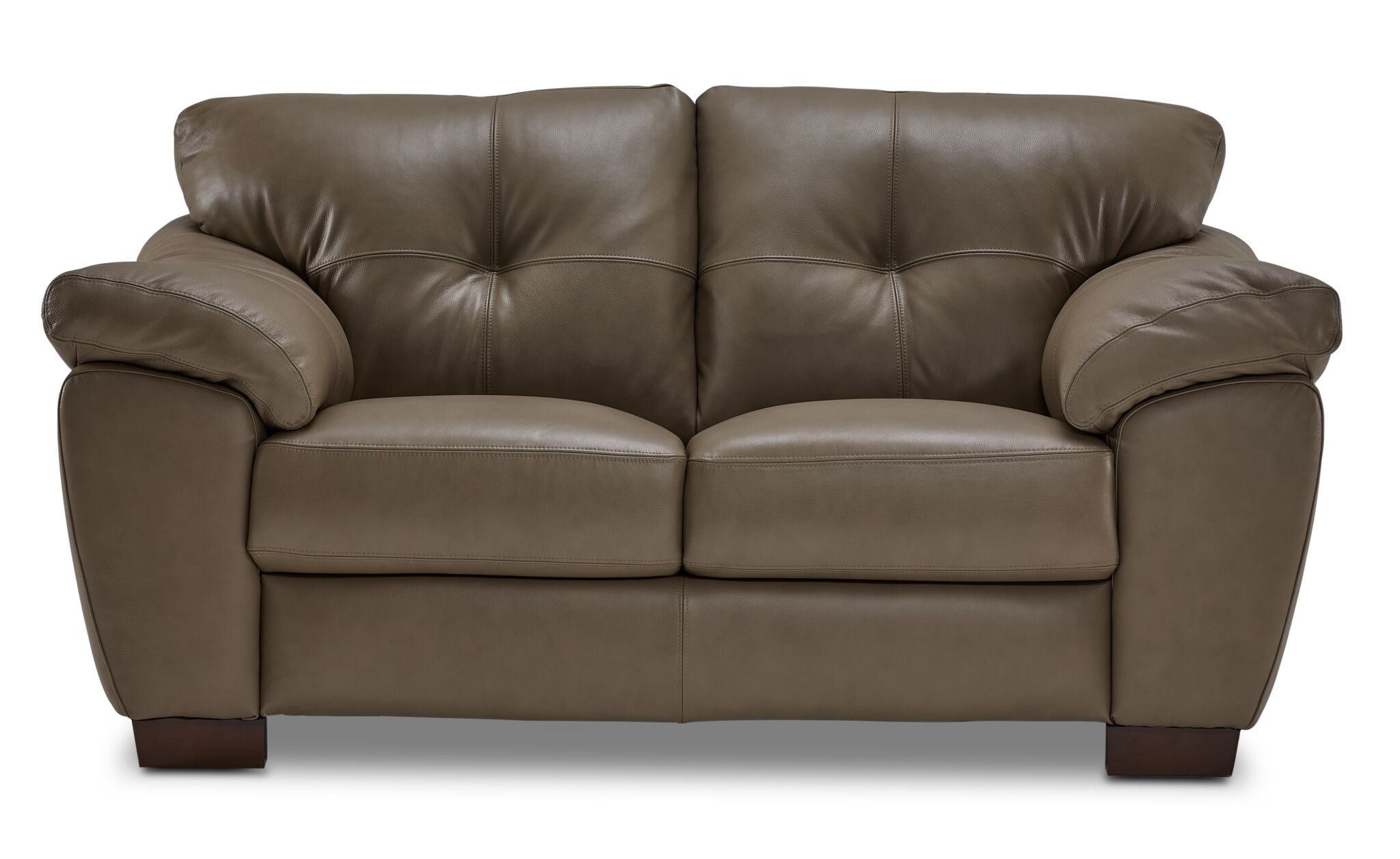Sloan II chocolate leather loveseat with clean contemporary shape, padded arms and front view