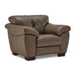 Sloan II chocolate leather chair with wide cushioned arms, single back cushion and angled front view