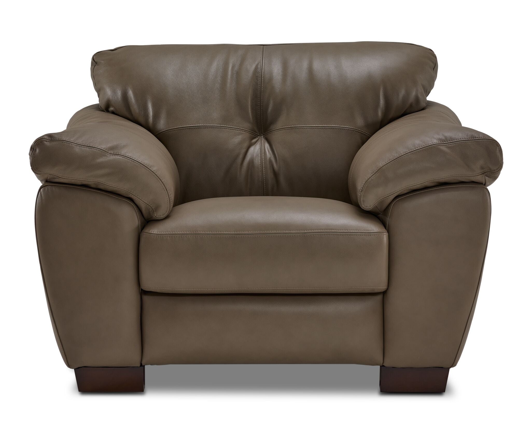 Sloan II chocolate leather chair with clean contemporary shape, padded arms and front view