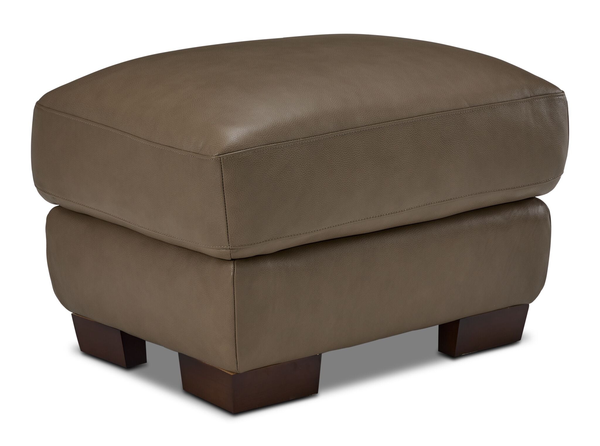 Sloan II chocolate leather ottoman with square cushioned top and angled front view