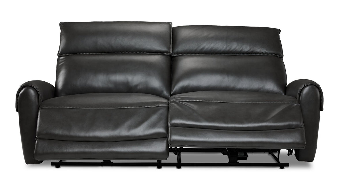 Theo Leather Dual Power Reclining Sofa - Charcoal front view with both power reclining footrests extended