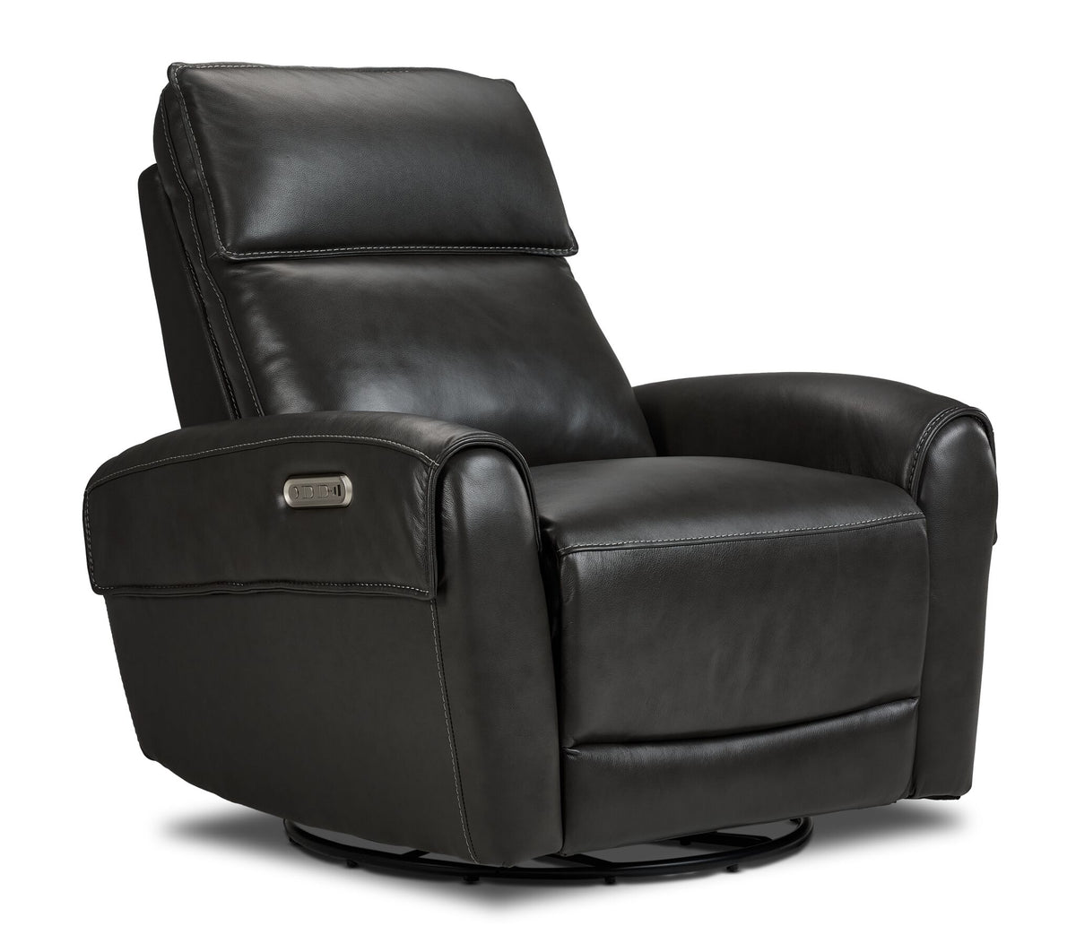 Theo Leather Dual Power Rocker Recliner from the 3-piece set - Charcoal with cushioned headrest, padded arms and circular rocker base