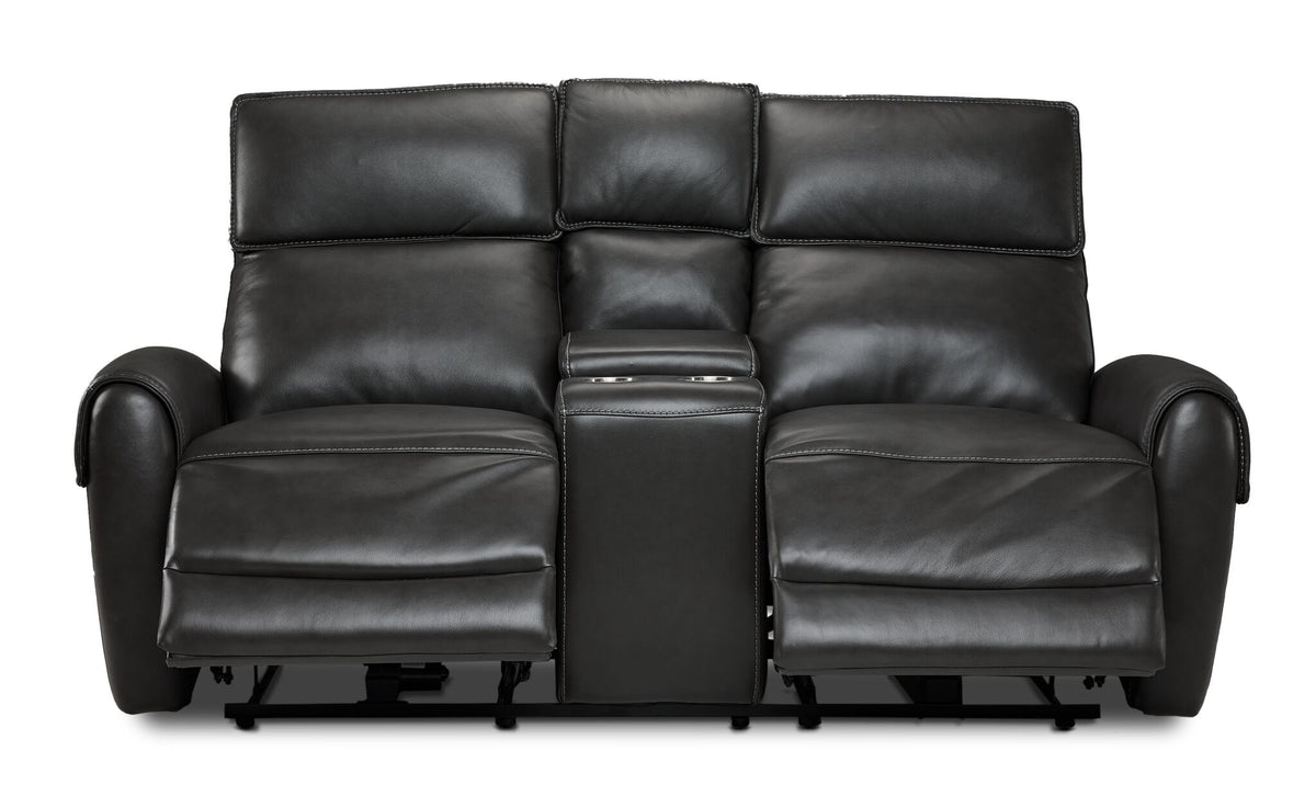 Theo Leather Dual Power Reclining Loveseat with Console - Charcoal front view with both reclining footrests extended and centre console