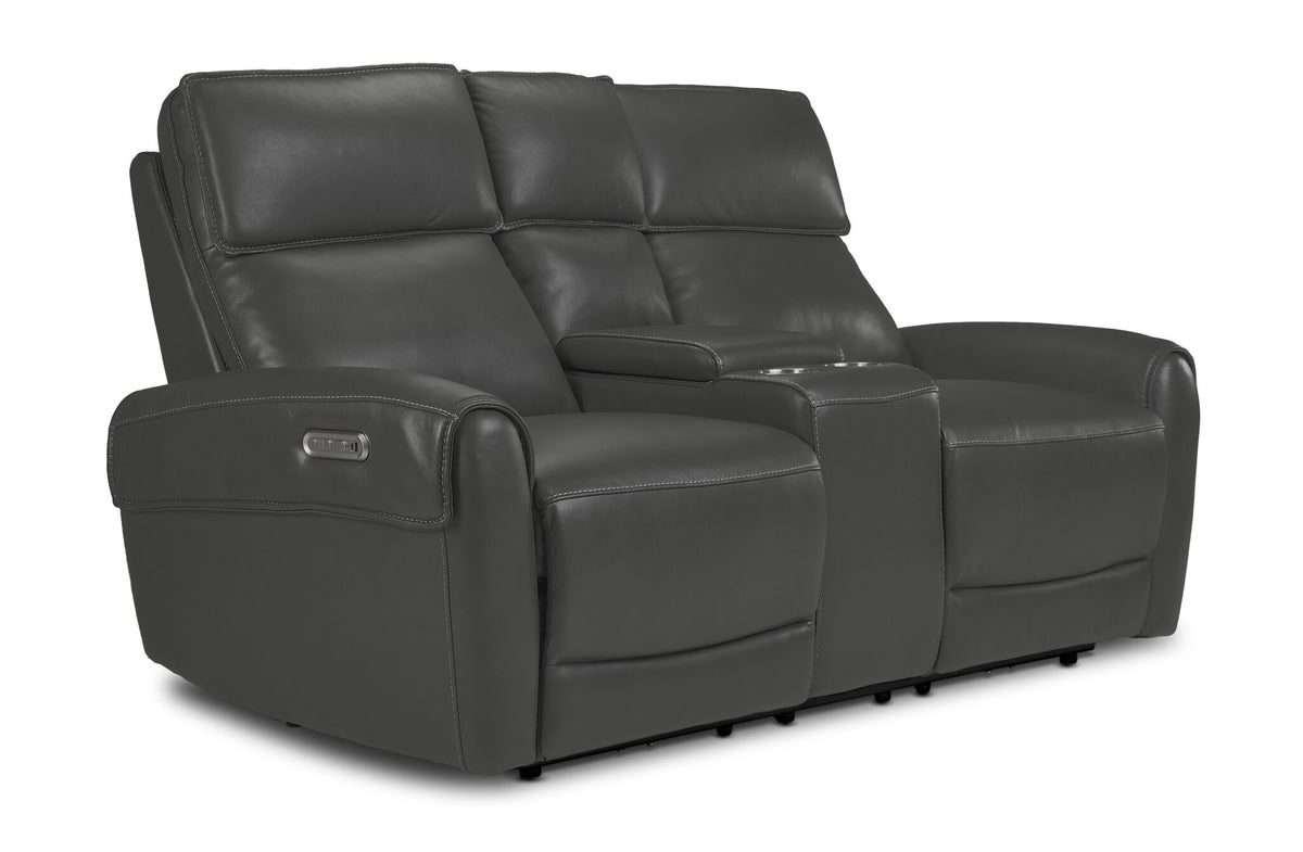 Theo Leather Dual Power Reclining Loveseat from the 3-piece set - Granite with centre console, cupholders and padded seating