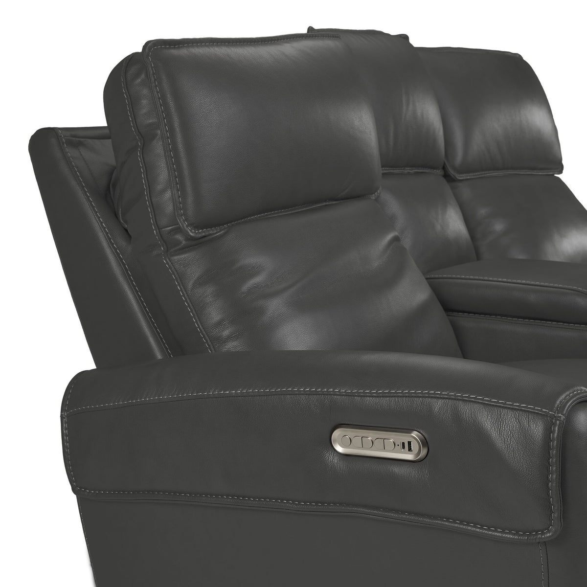 Theo Leather Dual Power Reclining Loveseat with Console - Granite close-up of arm-mounted power controls and USB charging port