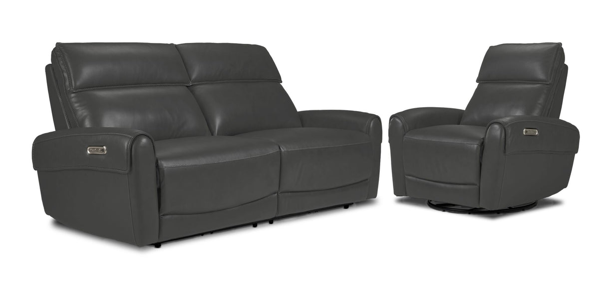 Theo Leather Dual Power Reclining Loveseat with Console - Charcoal shown at an angle with padded headrests, centre console and cupholders