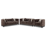Tresor dark brown sofa, loveseat and chair set with curved backs, button-tufted detail and accent pillows