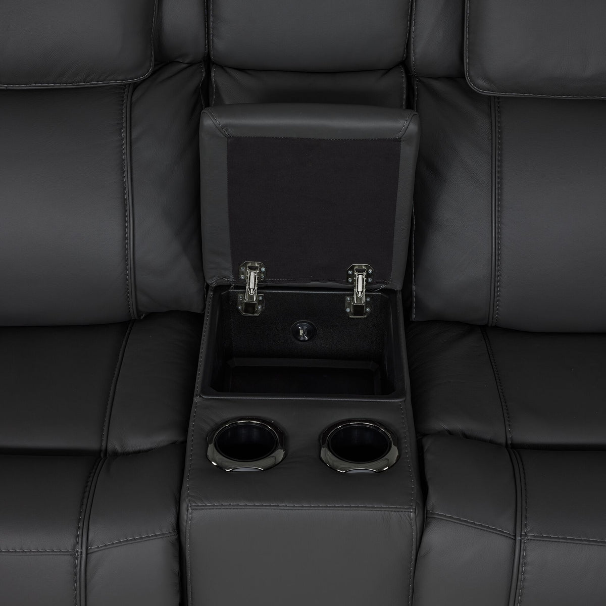 Velocity straight console close-up showing open storage compartment and two built-in cupholders