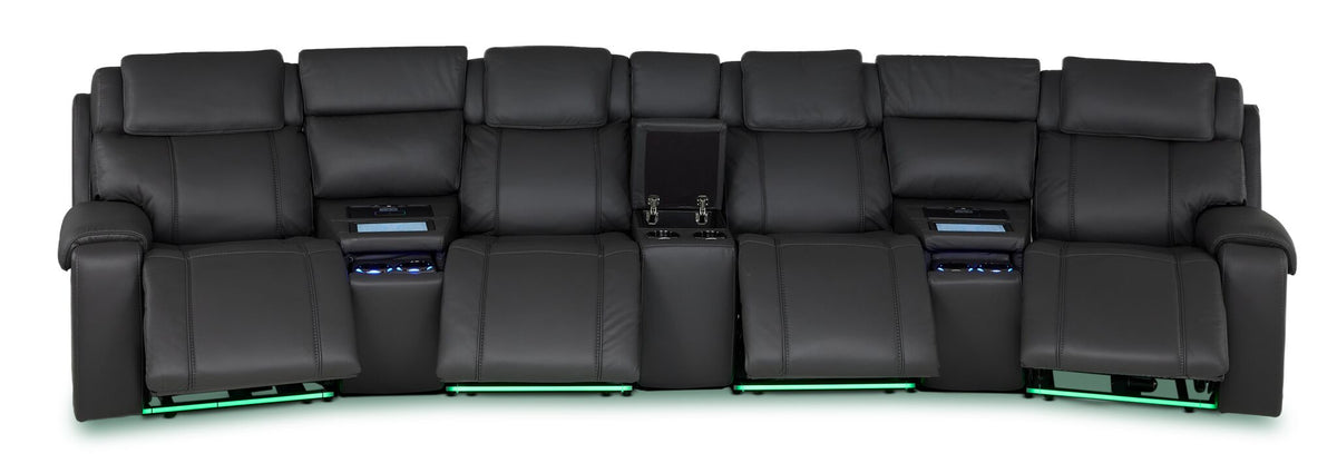 Velocity dark grey home theatre seating front view with footrests extended, open console and accent lighting