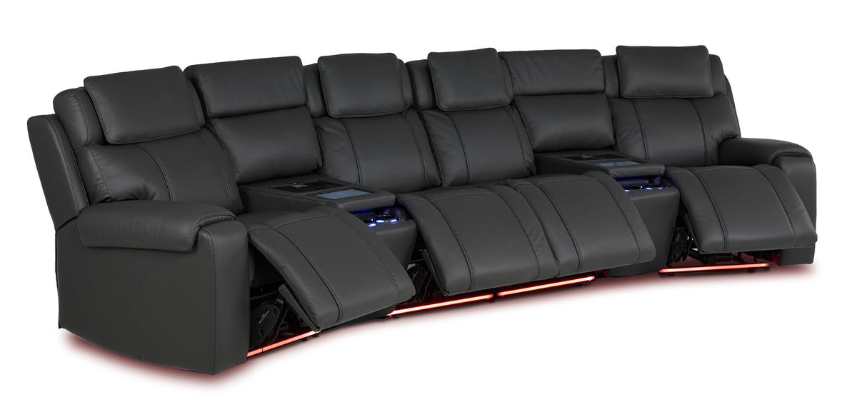 Velocity dark grey home theatre seating with four power footrests extended, illuminated cupholders and base lighting