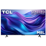 TCL 55-inch M8L Series 4K UHD HDR Mini-LED Smart TV with Google TV shown from the front with colourful abstract graphics on screen