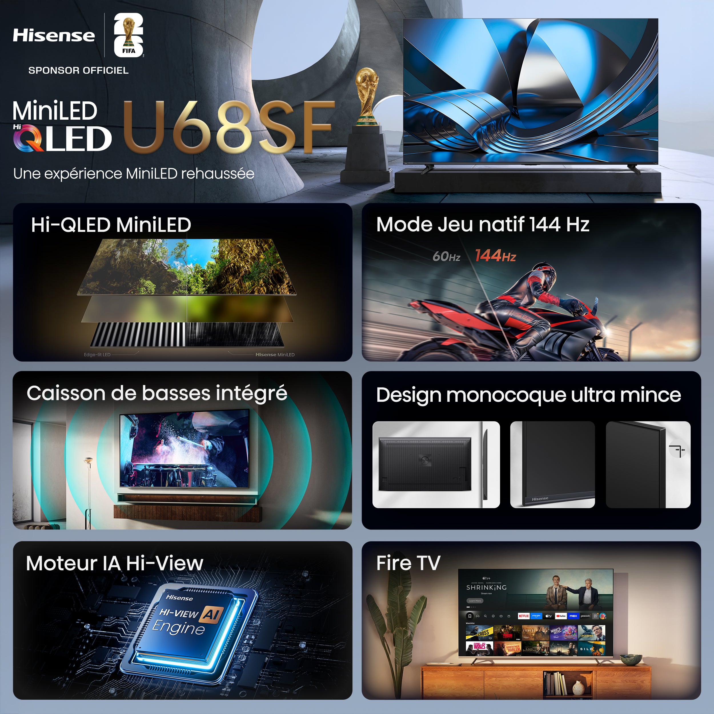 Hisense Téléviseur intelligent 55 po QLED MiniDEL FireTV 144Hz IA 4K – 55U68SF--