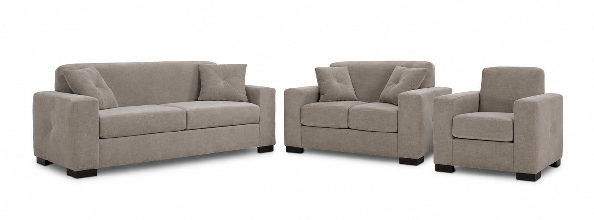 Valetta Sofa, Loveseat and Chair Set - Wheat with wide track arms, dark block feet and matching accent pillows