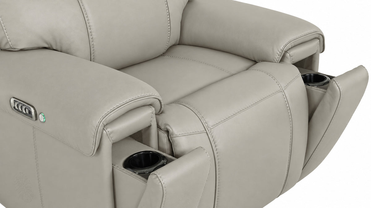 Velocity light grey home theatre recliner close-up showing hidden cupholders opened from the front arm panels