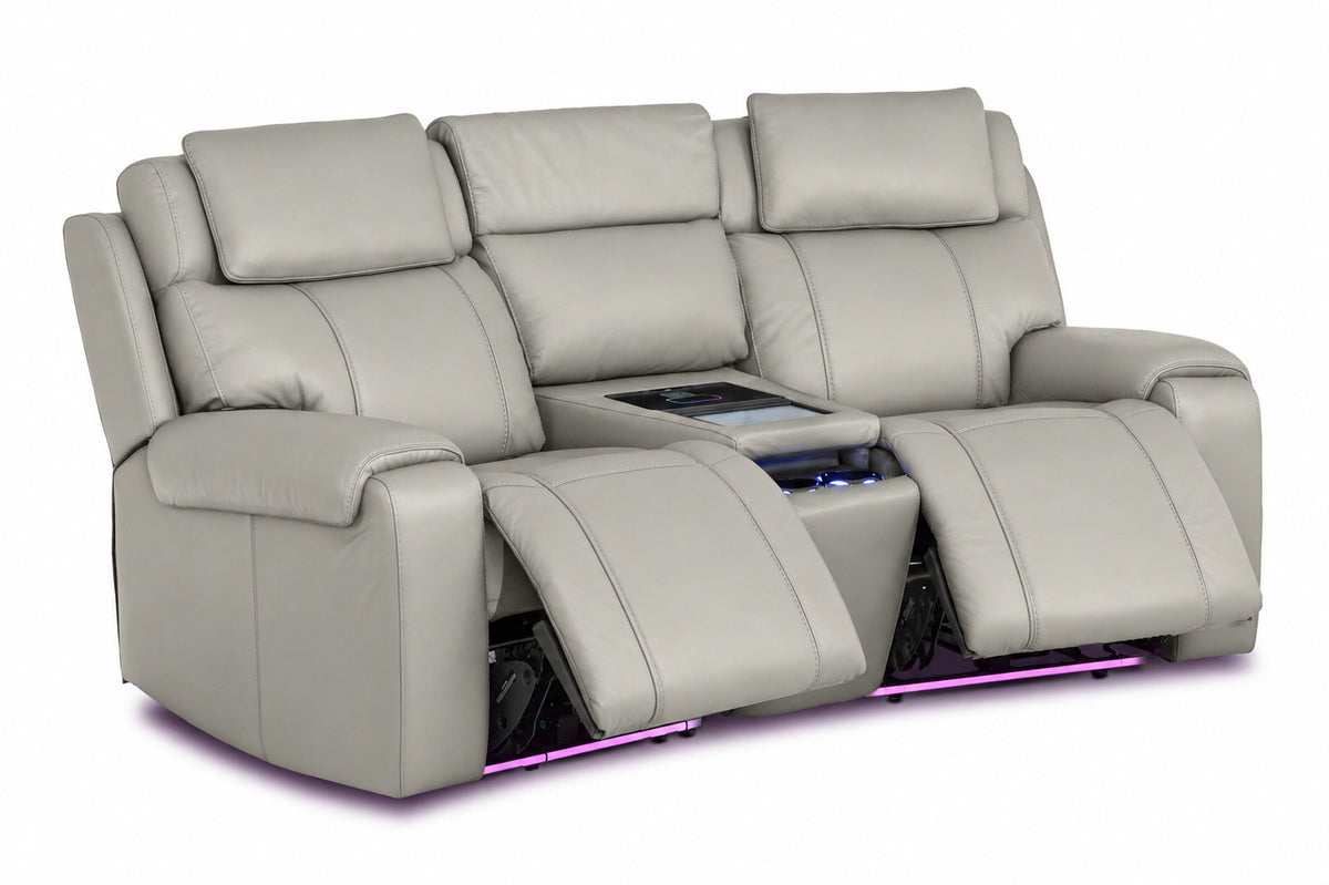 Velocity light grey home theatre seating with both power footrests extended, illuminated cupholders and base lighting