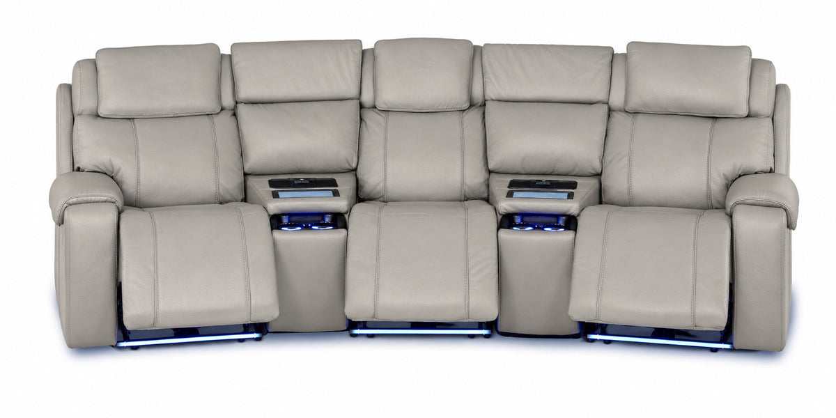 Velocity light grey home theatre seating front view with extended footrests, illuminated consoles and base lighting