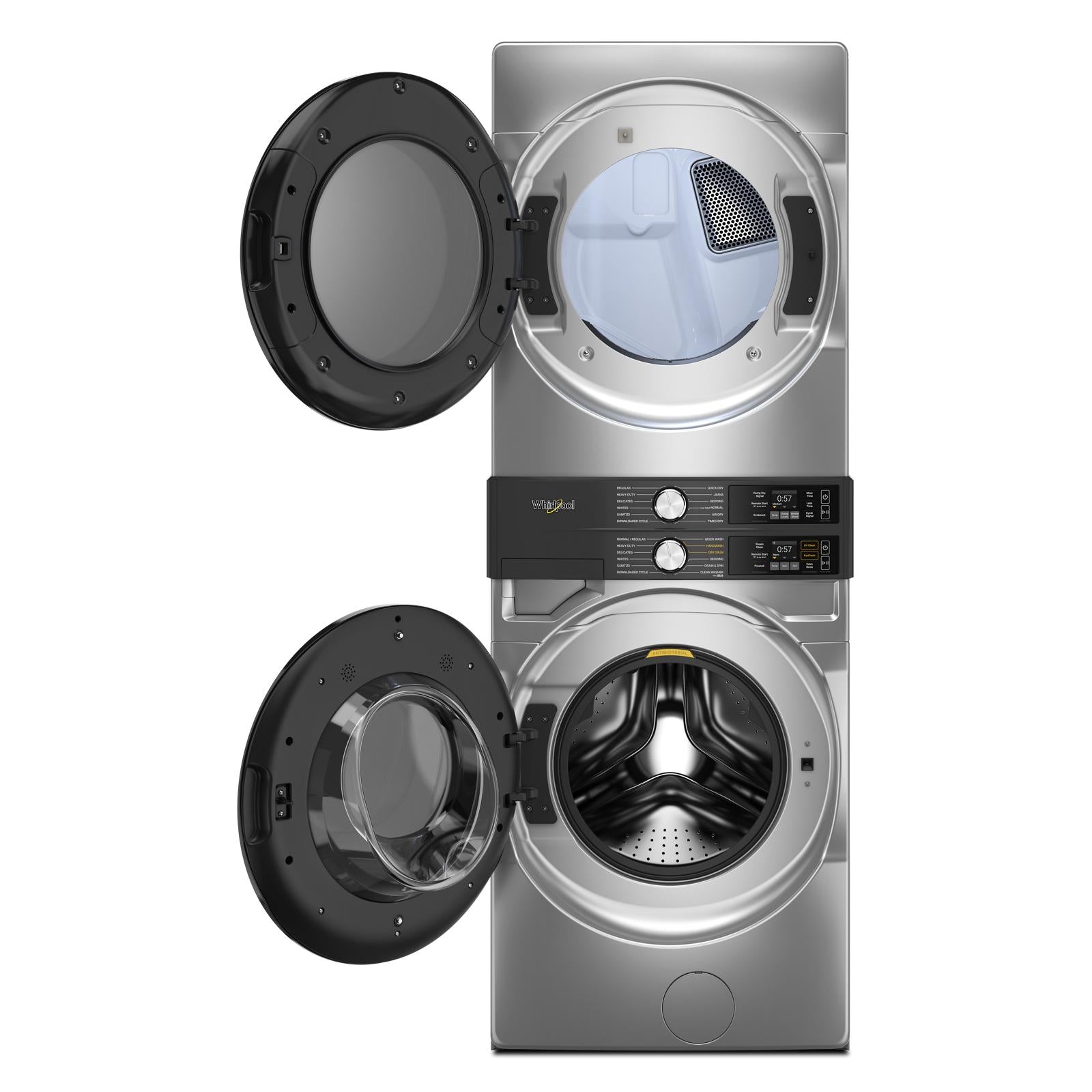 Whirlpool Radiant Silver Front Load Laundry Tower with FreshFlowTM Vent System and UV Clean Technology (5.2 cu. ft. Washer & 7.4 cu. ft. Electric Dryer) - YWEF5727TR
