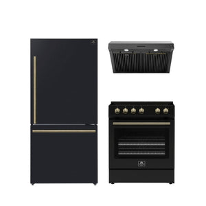 Forno Premium Black Kitchen Package with Range, Bottom Freezer Refrigerator and Range Hood - FBDL-001-02CA