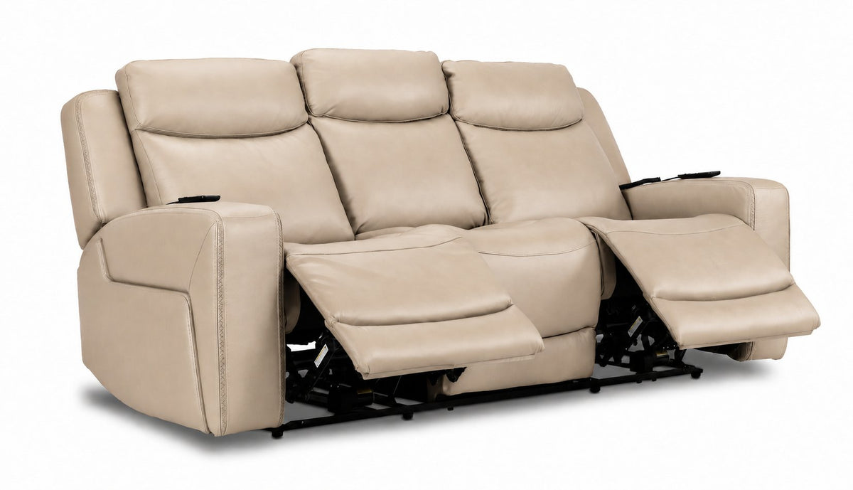 Jackson pristine leather reclining sofa angled view with both end footrests extended and centre seat upright