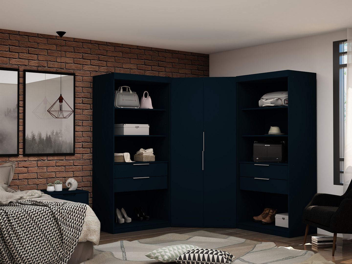 Oulu Semi-Open 3-Piece Modular Corner Wardrobe - Midnight Blue