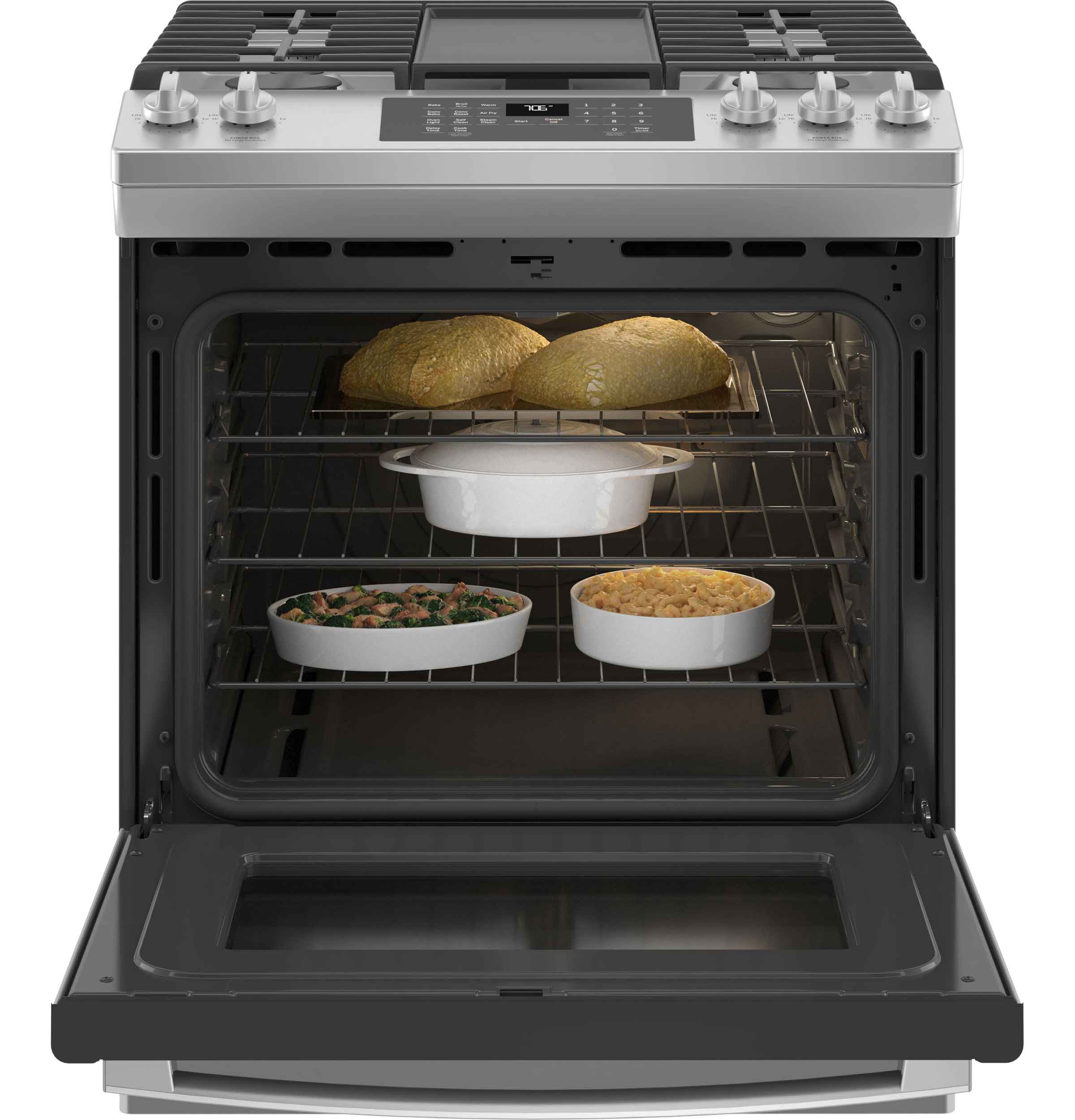 GE Stainless Steel 30" Slide-In Gas Convection Range with Air Fry (5.6 Cu. Ft.) - JCGS760SPSS