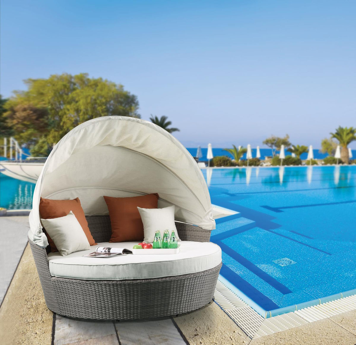 Island Pebbles Patio Canopy Daybed with Ottoman - Beige/Grey