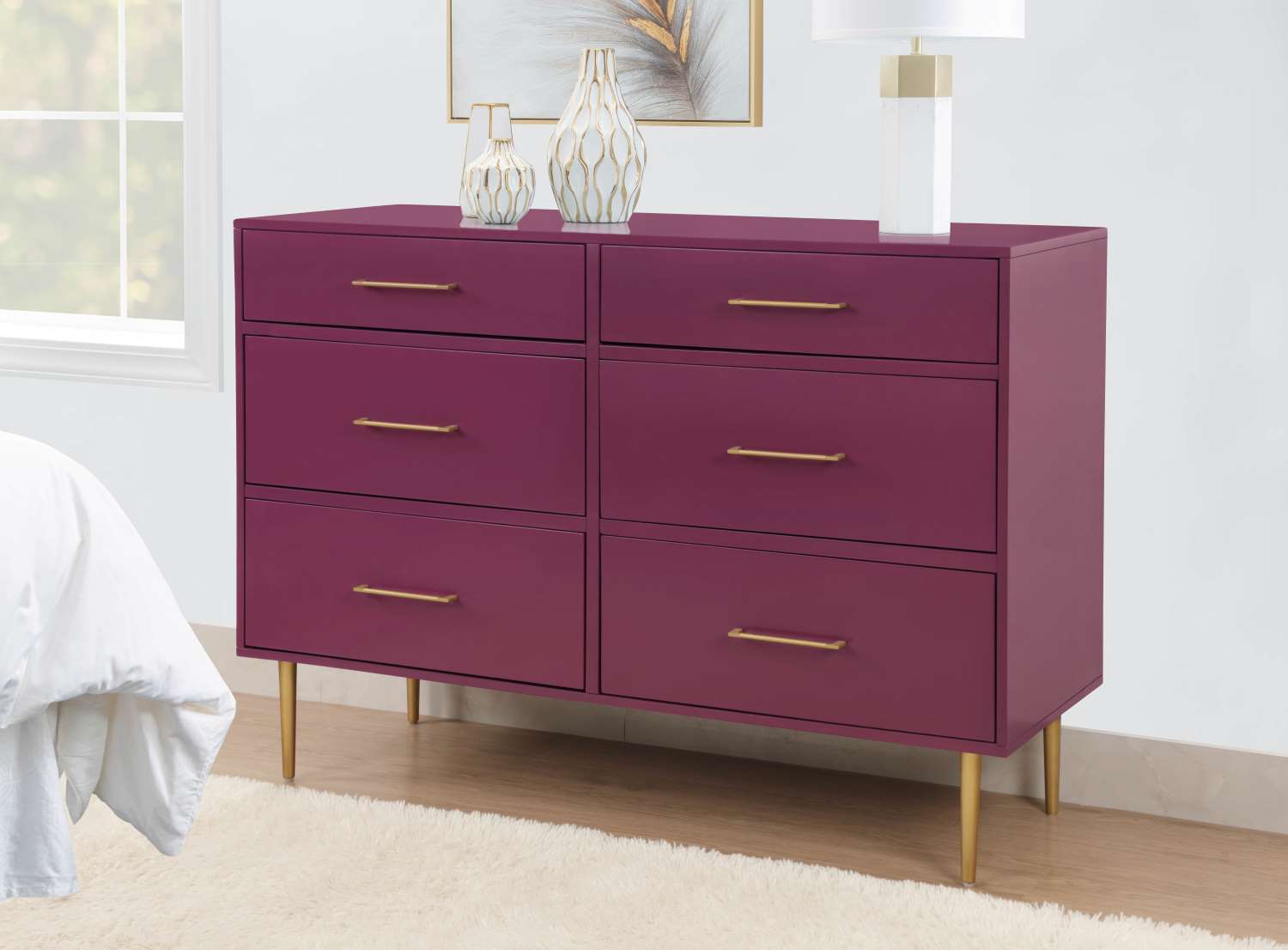 Valerie Glam 6-Drawer Dresser - Raspberry