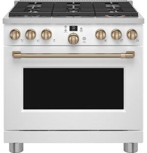 Café Cuisinière intelligente bi-combustion 5,75 pi³ à 6 brûleurs de style commercial avec friture à air 36 po blanc mat C2Y366P4TW2